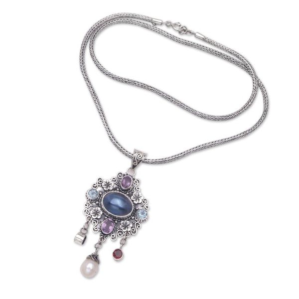 Alternate image for Balinese Multi-Gemstone Sterling Silver Pendant Necklace Balinese Blooms