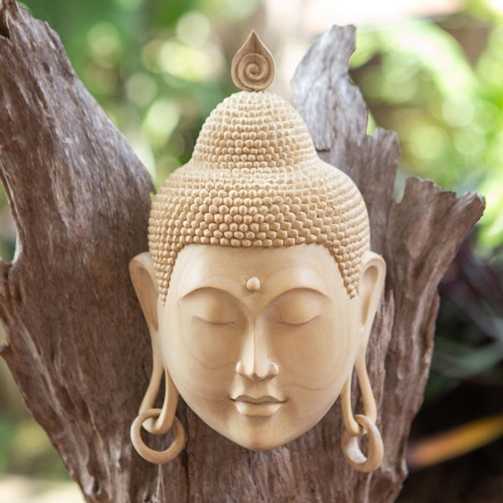 Buddha-Themed Crocodile Wood Wall Mask 'Bless You'