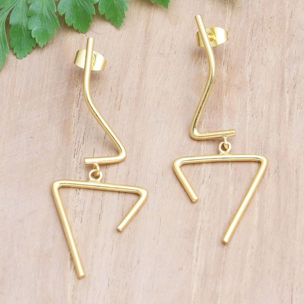 Hand Crafted Abstract 18k Gold-Plated Dangle Earrings 'Disconnected'