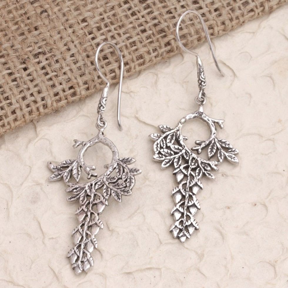 Leaf and Buds Sterling Silver Dangle Earrings from Bali 'Seed Garden'