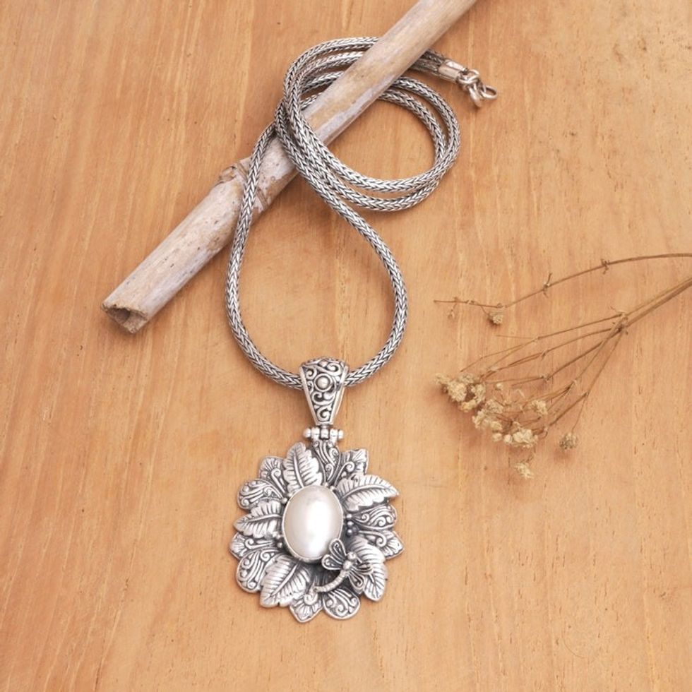 Floral Cultured Pearl Pendant Necklace from Bali 'Pearly Nature of Bali'