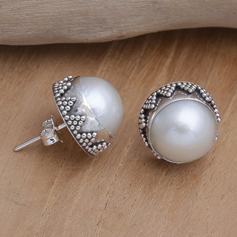 Geometric Sterling Silver Button Earrings with Grey Pearls 'Grey Pearl Treasure'