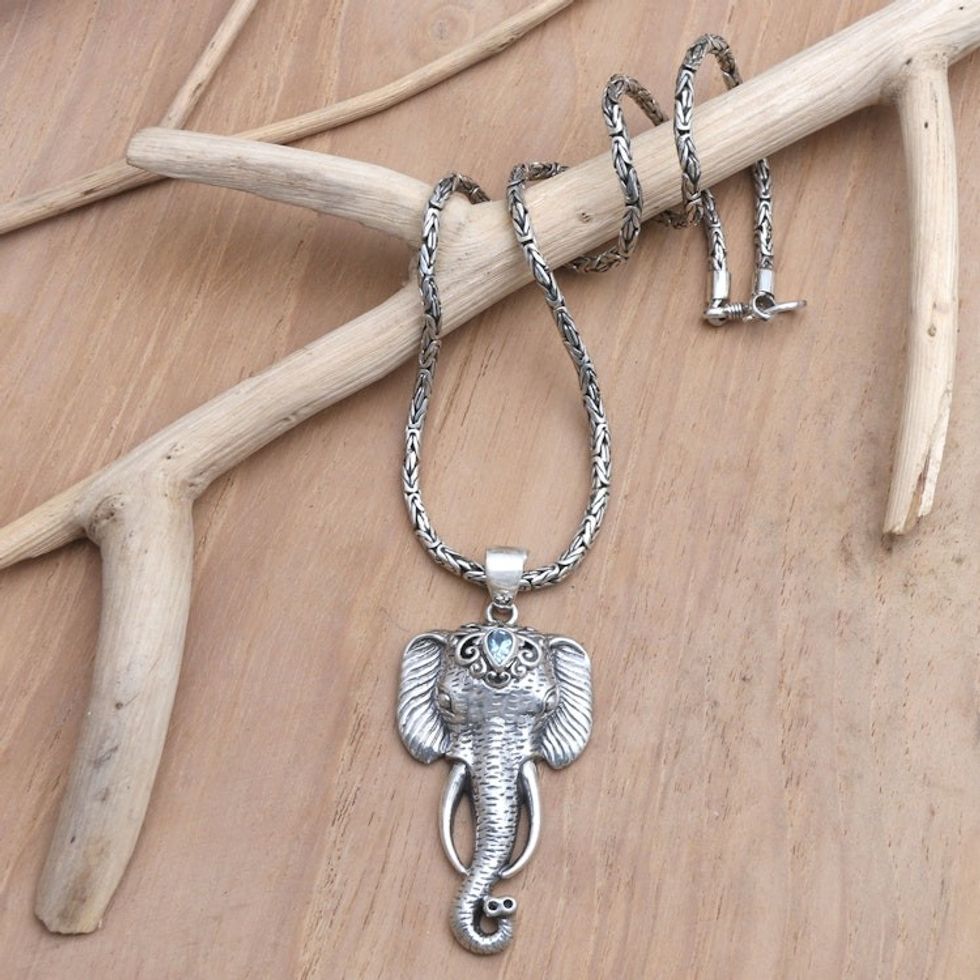 Men's Necklace with Blue Topaz and Elephant Pendant 'Serene Strength'