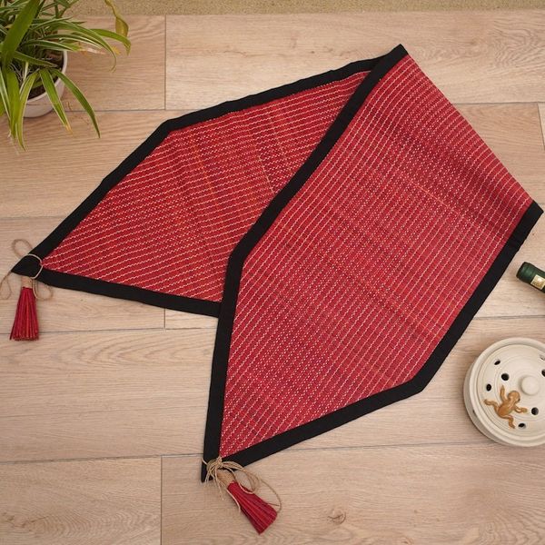 Alternate image for Handcrafted Cotton Blend Table Runner with Geometric Design Red Geometry