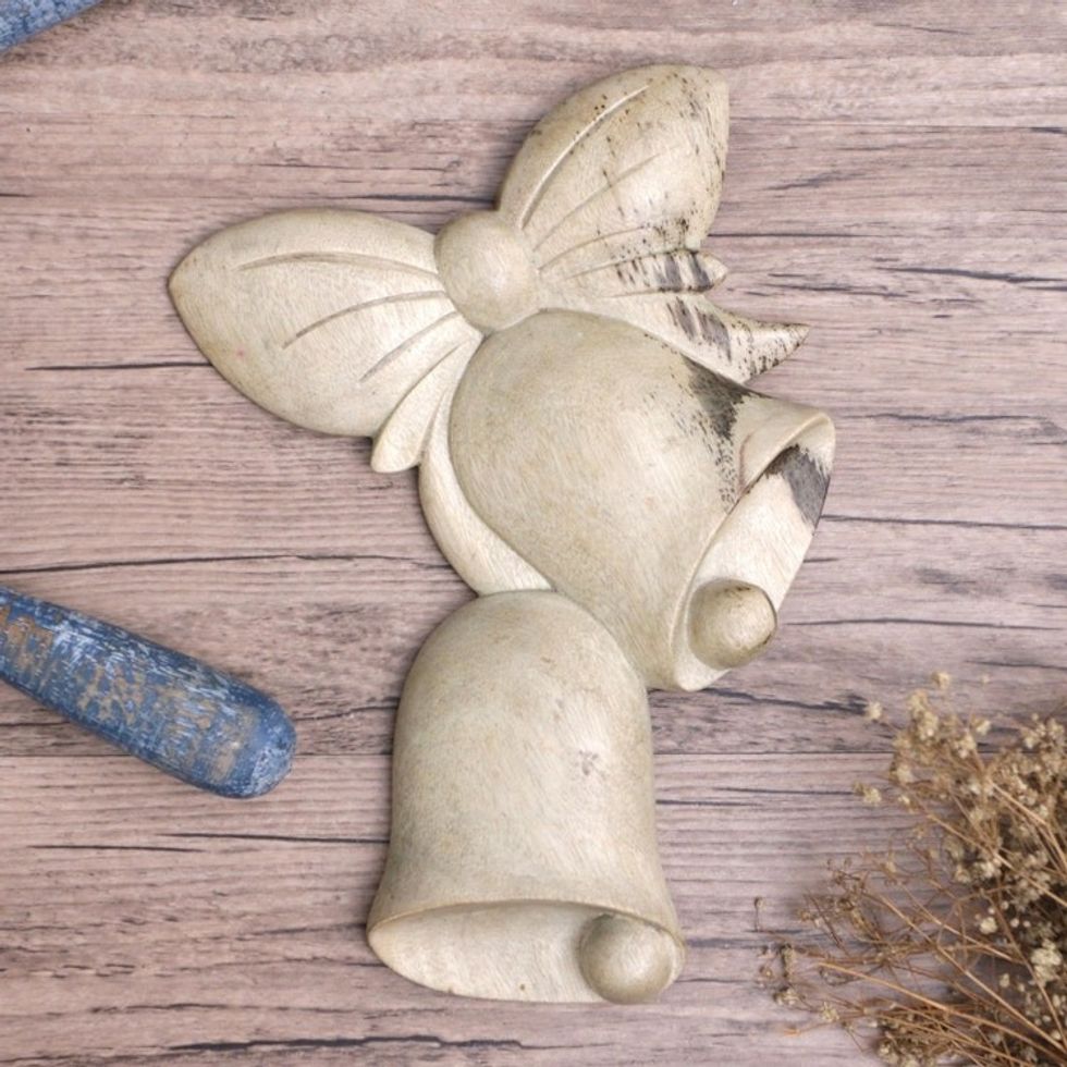 Balinese Hibiscus Wood Wall Art with Hand-Carved Bells 'Lucky Bells'