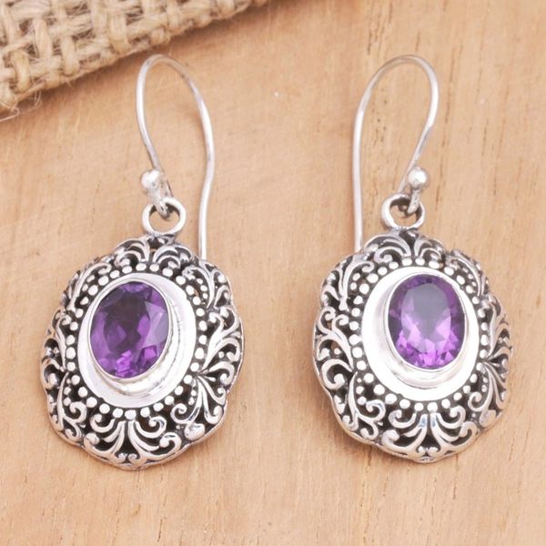 Alternate image for Balinese Sterling Silver Dangle Earrings with Amethyst Gems Purple Medallion of Bali