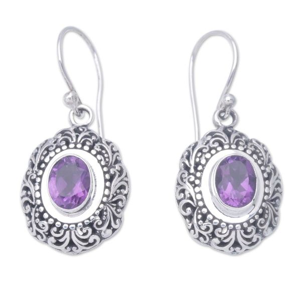Alternate image for Balinese Sterling Silver Dangle Earrings with Amethyst Gems Purple Medallion of Bali