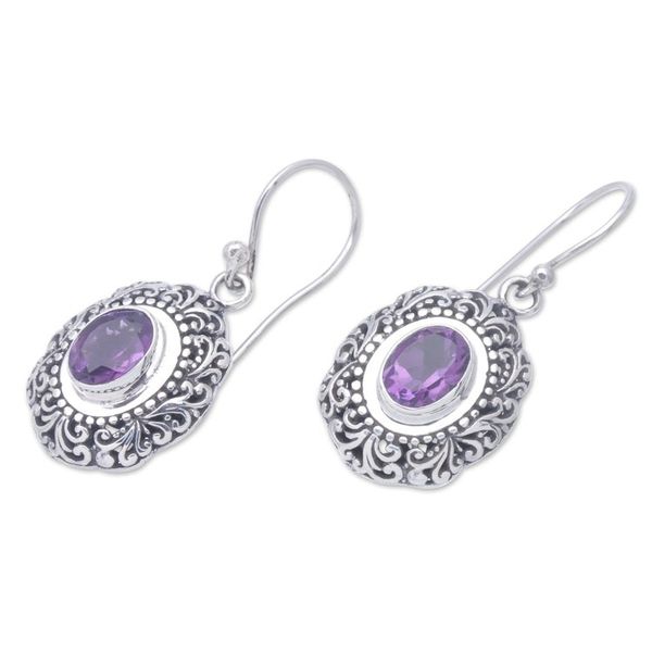 Alternate image for Balinese Sterling Silver Dangle Earrings with Amethyst Gems Purple Medallion of Bali