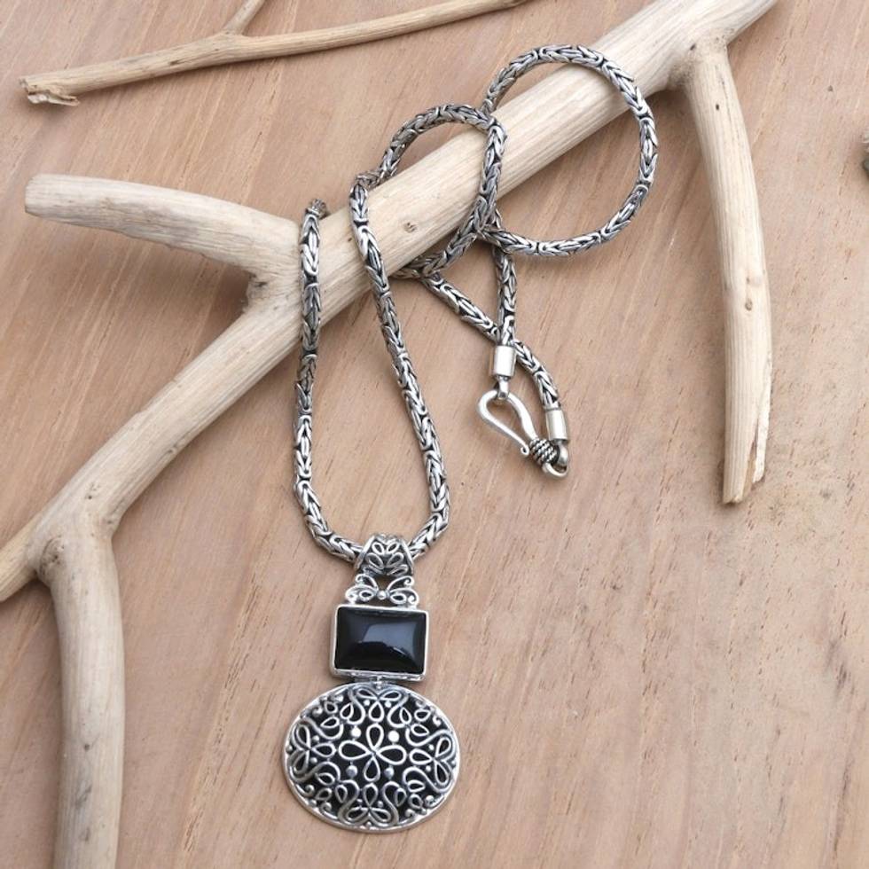 Artisan Crafted Onyx Pendant Necklace 'Dark Medallion'