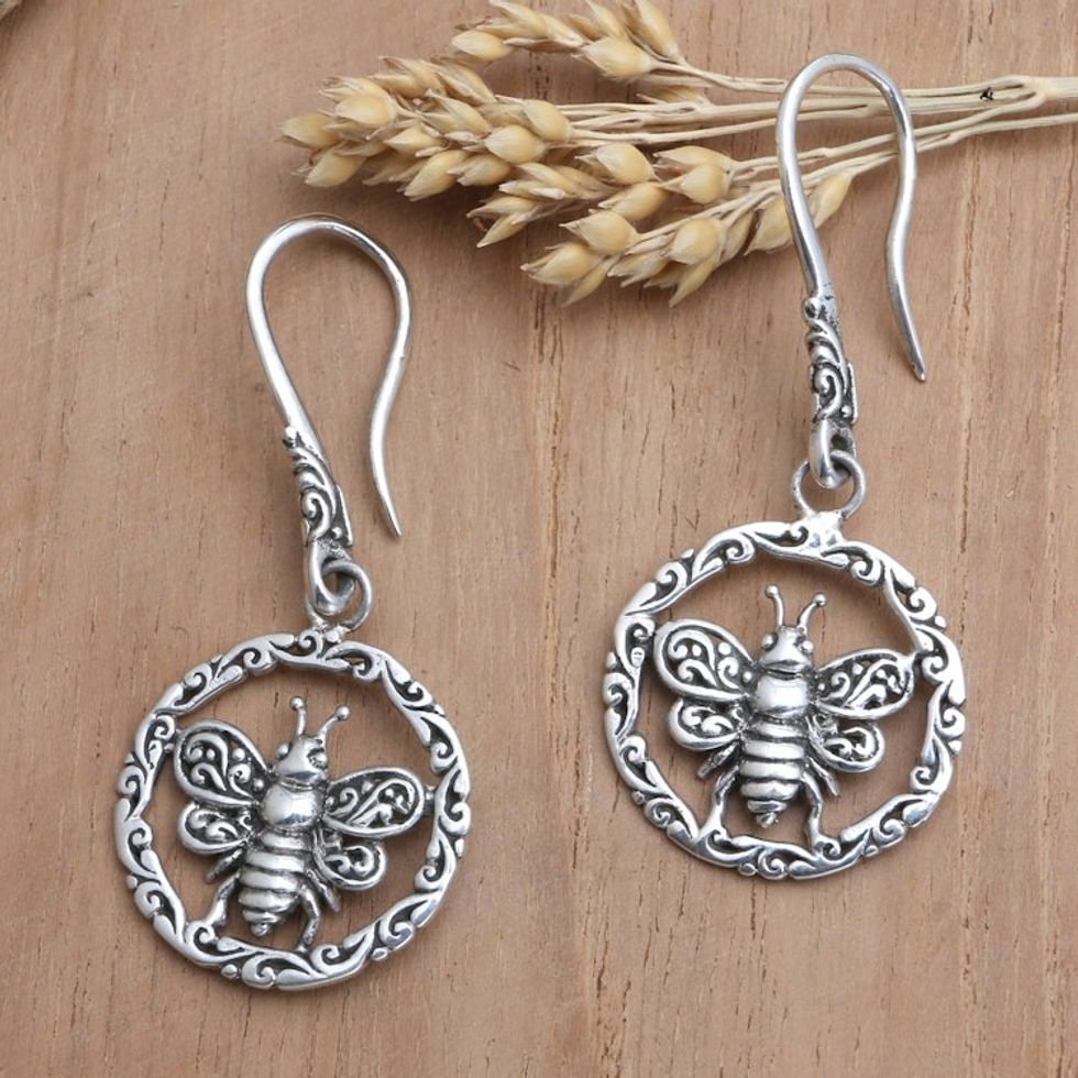 Handmade Sterling Silver Dangle Earrings with Bee Motif 'Bee Garden'