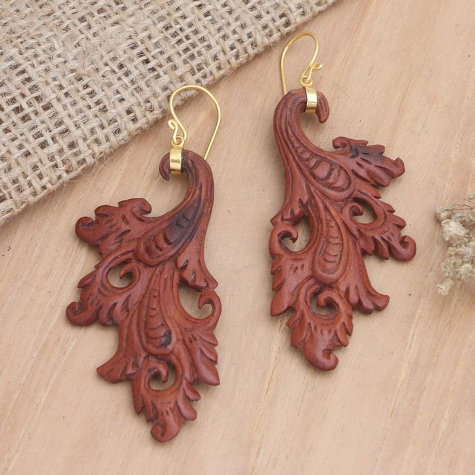 Balinese 18k Gold-plated Brass and Wood Dangle Earrings 'Smart Women'