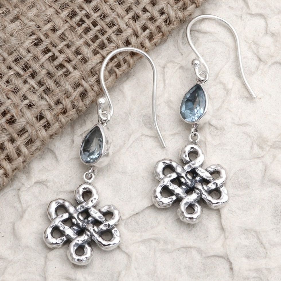 Floral Motif Blue Topaz 925 Silver Dangle Earrings from Bali 'Bloom Dignity in Blue'
