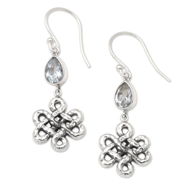 Alternate image for Floral Motif Blue Topaz 925 Silver Dangle Earrings from Bali Bloom Dignity in Blue
