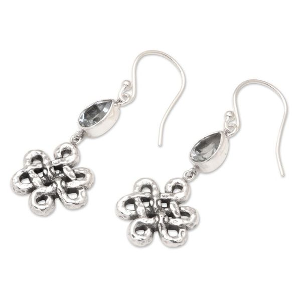 Alternate image for Floral Motif Blue Topaz 925 Silver Dangle Earrings from Bali Bloom Dignity in Blue