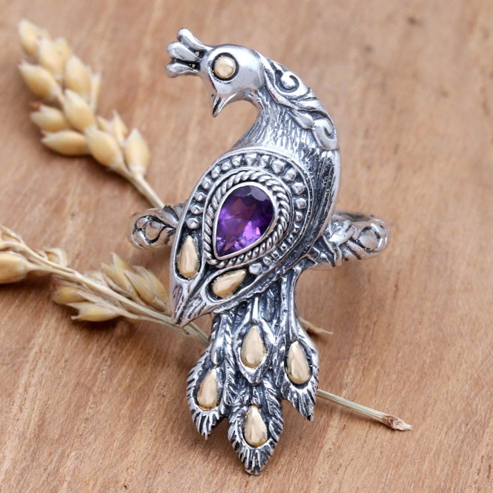 Amethyst Ring with Gold Accents 'Peacock on Parade'