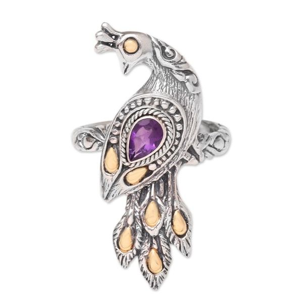 Alternate image for Amethyst Ring with Gold Accents Peacock on Parade