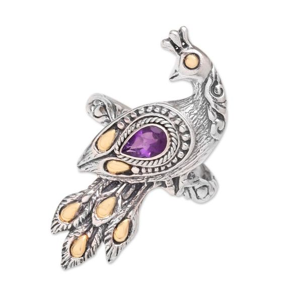 Alternate image for Amethyst Ring with Gold Accents Peacock on Parade