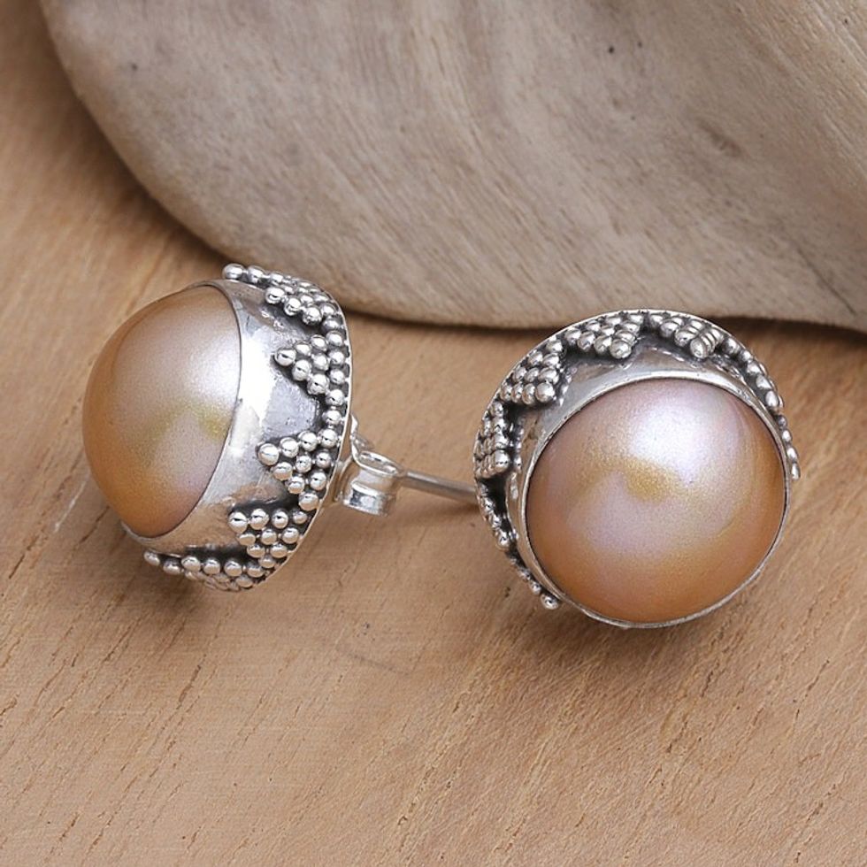 Geometric Sterling Silver Button Earrings with Golden Pearls 'Golden Pearl Treasure'