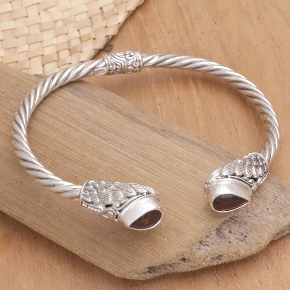 Sterling Silver Cuff Bracelet with Natural Garnet Stones 'Stylish Garnet Feathers'