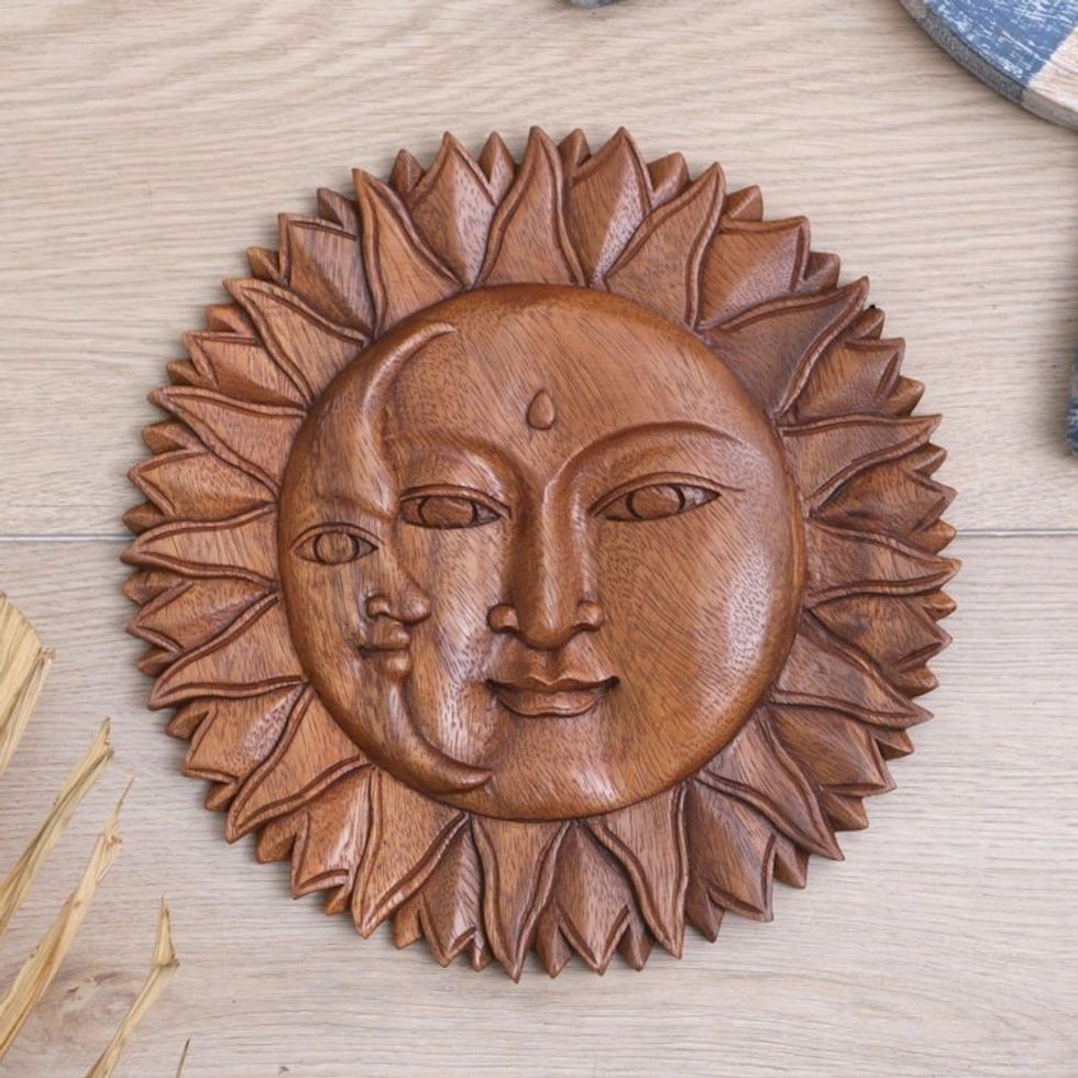 Hand-Carved Suar Wood Relief Panel with Sun and Moon Design 'Divine Universe'