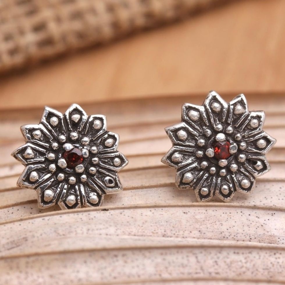 Garnet and Sterling Silver Flower Earrings 'Radiant Chrysanthemum'