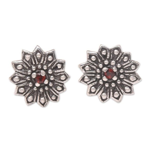Alternate image for Garnet and Sterling Silver Flower Earrings Radiant Chrysanthemum