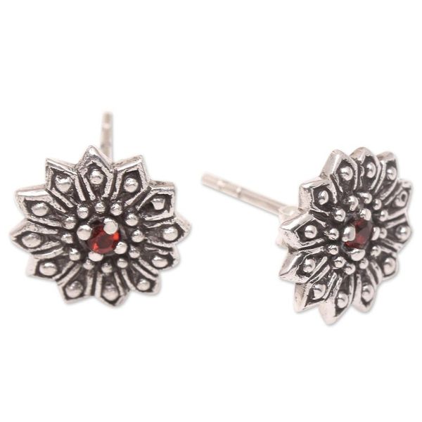 Alternate image for Garnet and Sterling Silver Flower Earrings Radiant Chrysanthemum