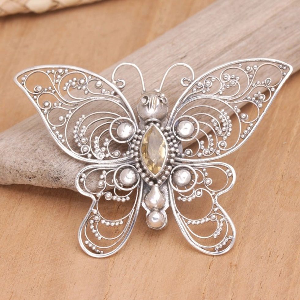 Sterling Silver Butterfly Filigree Brooch with Citrine Stone 'Glowing Butterfly'