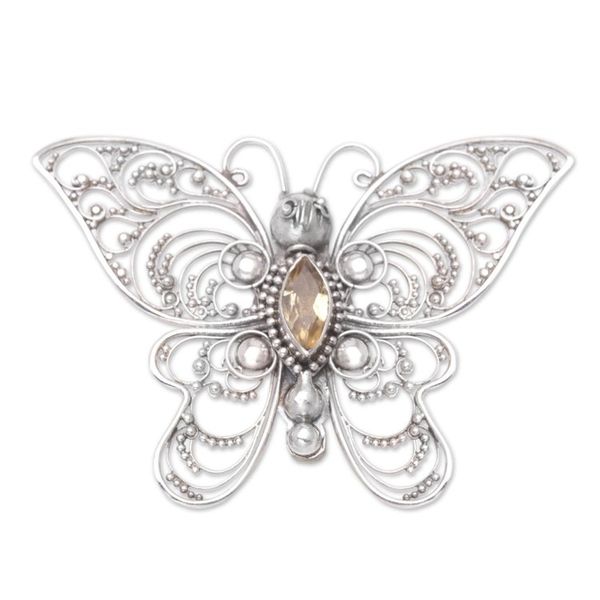 Alternate image for Sterling Silver Butterfly Filigree Brooch with Citrine Stone Glowing Butterfly