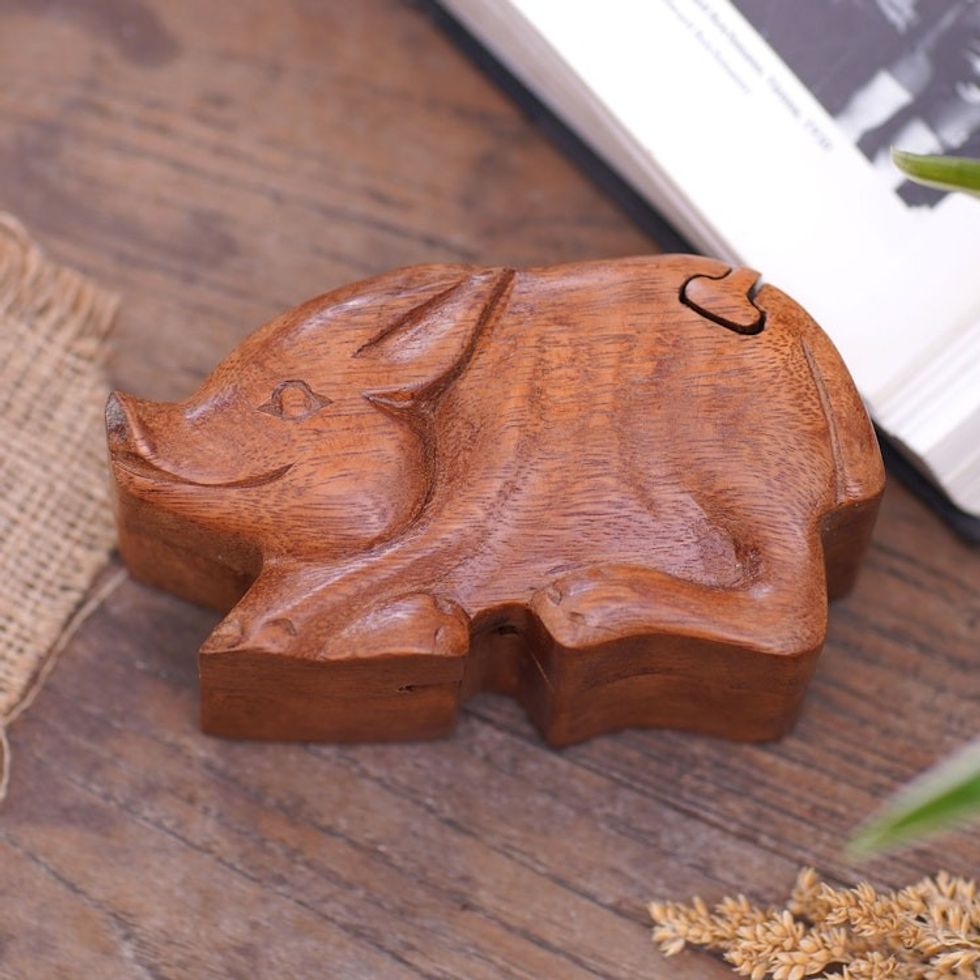 Hand Crafted Suar Wood Puzzle Box with Pig Motif 'Piggy's Secret'