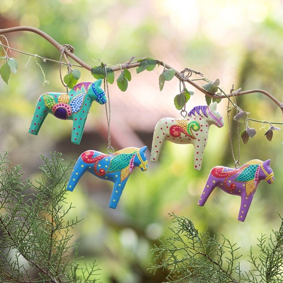 Set of 4 Hand-Carved Horse Christmas Ornaments from Bali 'Dala Holiday'