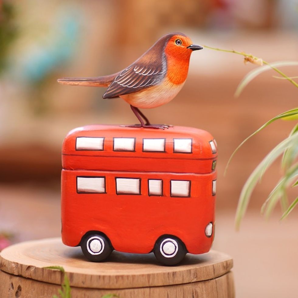 Handmade Suar Wood Bird Statuette with Bus Motif 'Sightseeing'