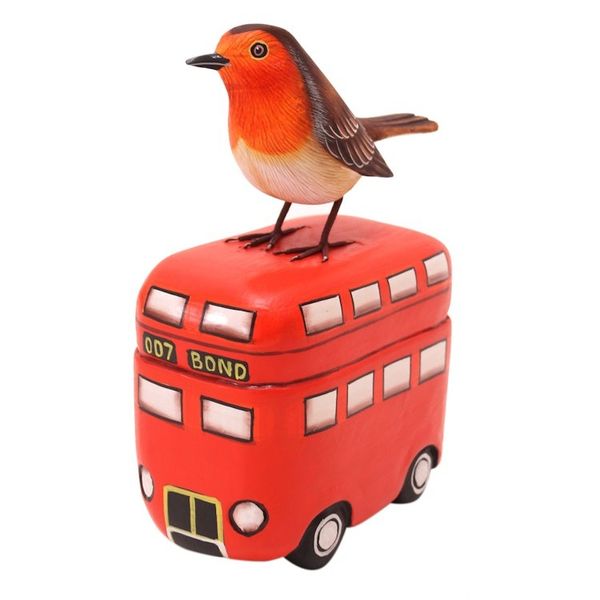 Alternate image for Handmade Suar Wood Bird Statuette with Bus Motif Sightseeing