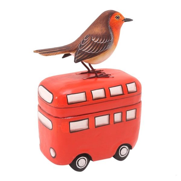 Alternate image for Handmade Suar Wood Bird Statuette with Bus Motif Sightseeing