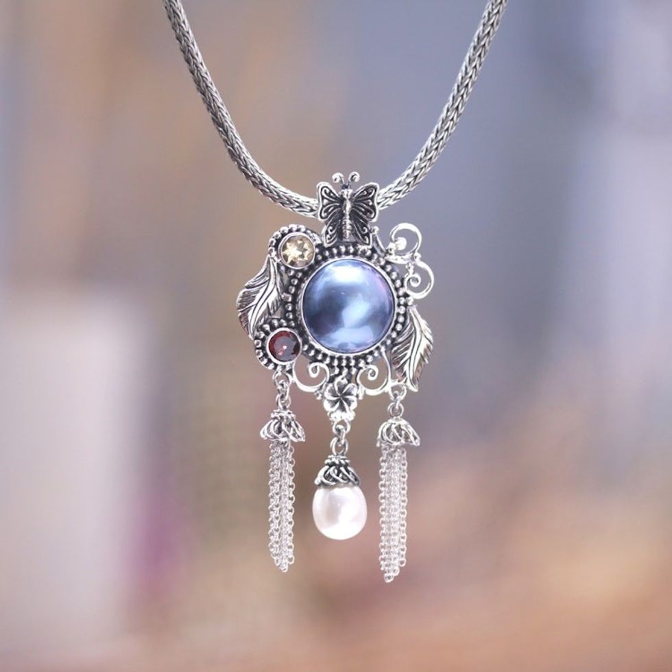 Sterling Silver Multi-Gemstone Pendant Necklace from Bali 'Traditional Butterfly'
