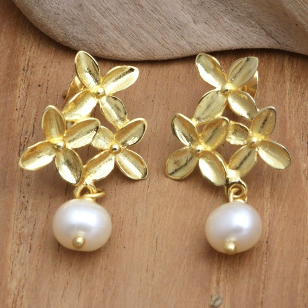 Floral Cultured Pearl Dangle Earrings with 18k Gold Plating 'Golden Bloom'
