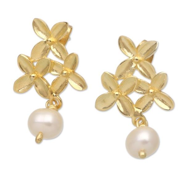 Alternate image for Floral Cultured Pearl Dangle Earrings with 18k Gold Plating Golden Bloom