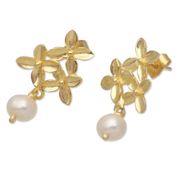 Alternate image for Floral Cultured Pearl Dangle Earrings with 18k Gold Plating Golden Bloom