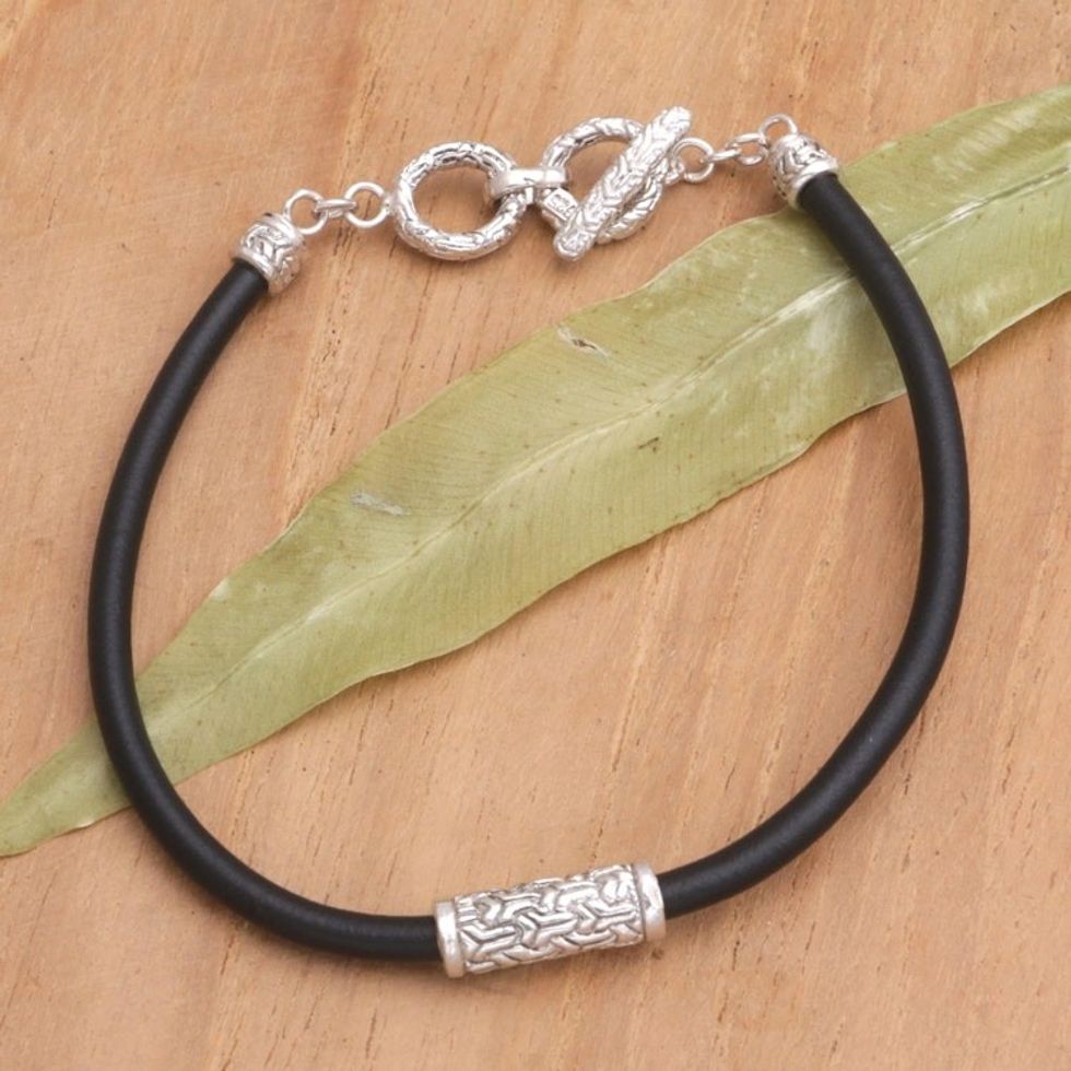 Balinese Sterling Silver Pendant Bracelet with Black Cord 'Modest Charm'