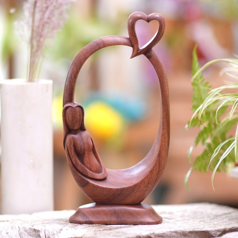Suar Wood Statuette with Heart Motif 'Me Time'
