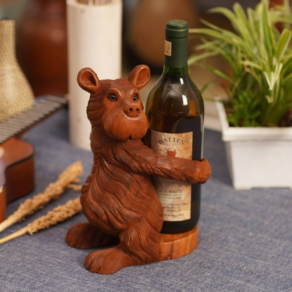 Bear Wine Bottle Holder Hand-Carved from Wood in Bali 'Bear Hug'
