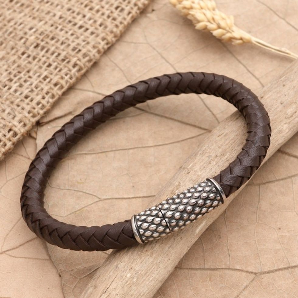Woven Leather and Sterling Silver Pendant Bracelet 'Good News'