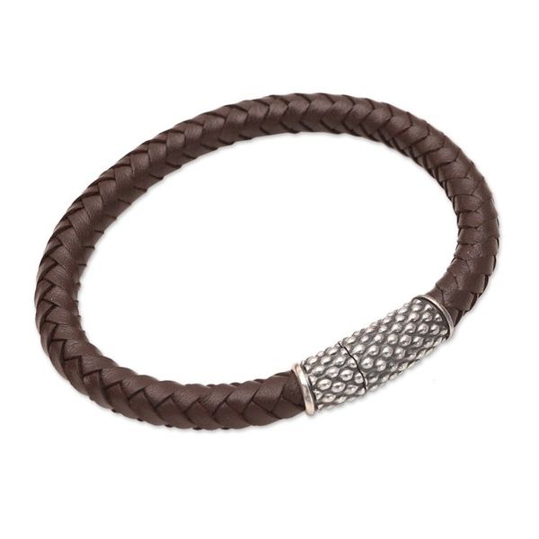 Alternate image for Woven Leather and Sterling Silver Pendant Bracelet Good News