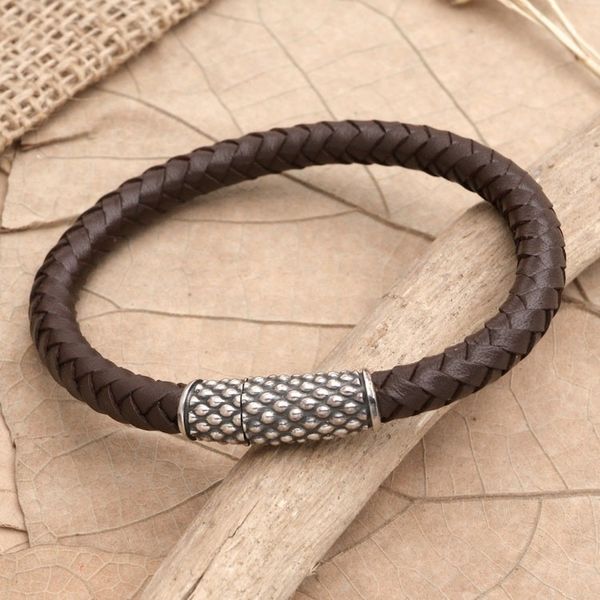 Alternate image for Woven Leather and Sterling Silver Pendant Bracelet Good News