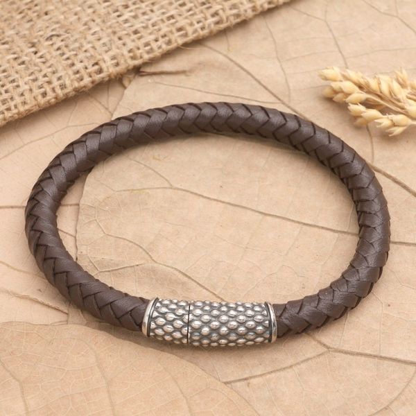 Alternate image for Woven Leather and Sterling Silver Pendant Bracelet Good News