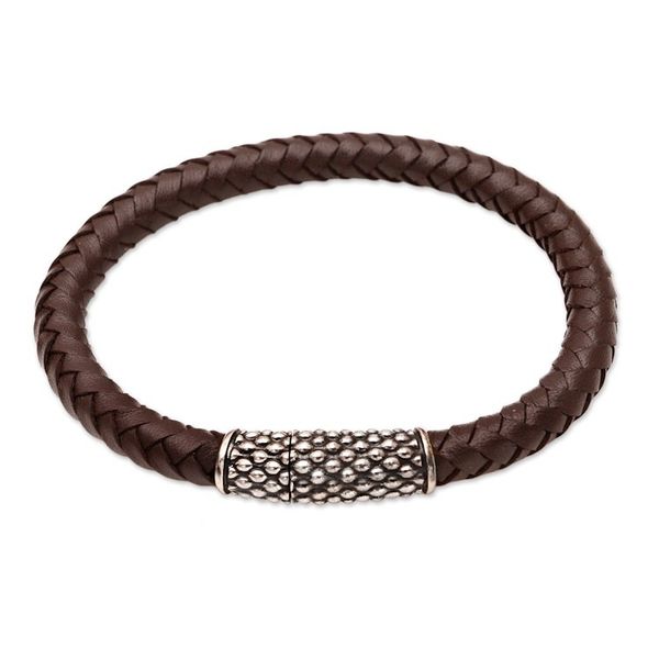 Alternate image for Woven Leather and Sterling Silver Pendant Bracelet Good News