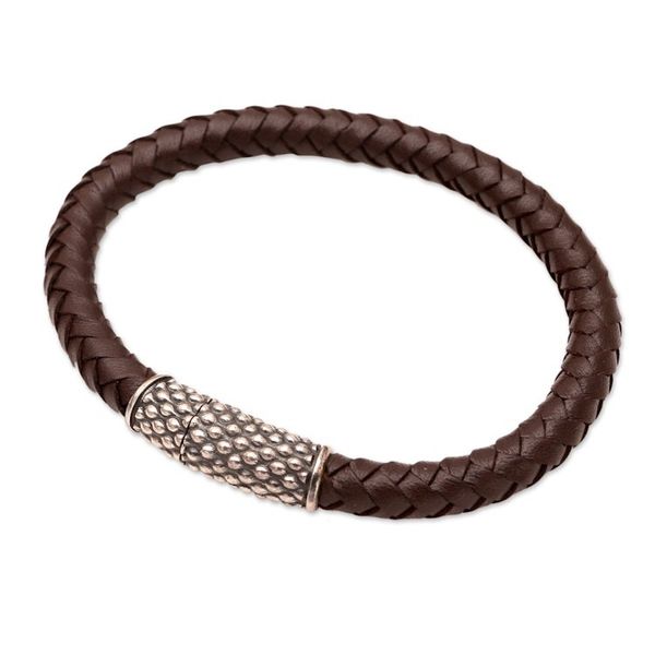 Alternate image for Woven Leather and Sterling Silver Pendant Bracelet Good News