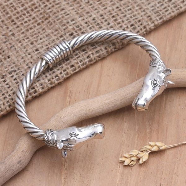 Alternate image for Sterling Silver Twisted Cuff Bracelet with Horses Heads Horse Race