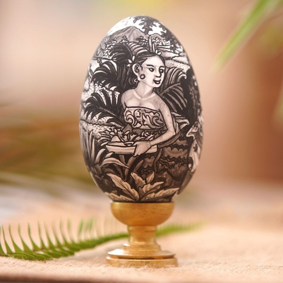 Hand-Painted Wood Egg Sculpture with Hindu Theme 'Praying Ladies'