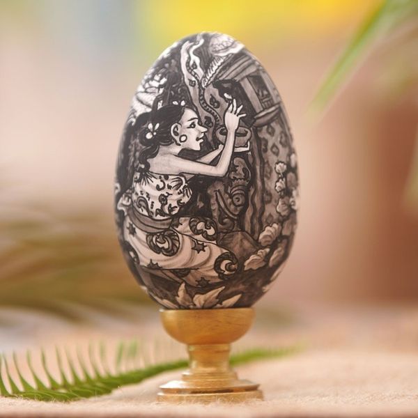 Alternate image for Hand-Painted Wood Egg Sculpture with Hindu Theme Praying Ladies